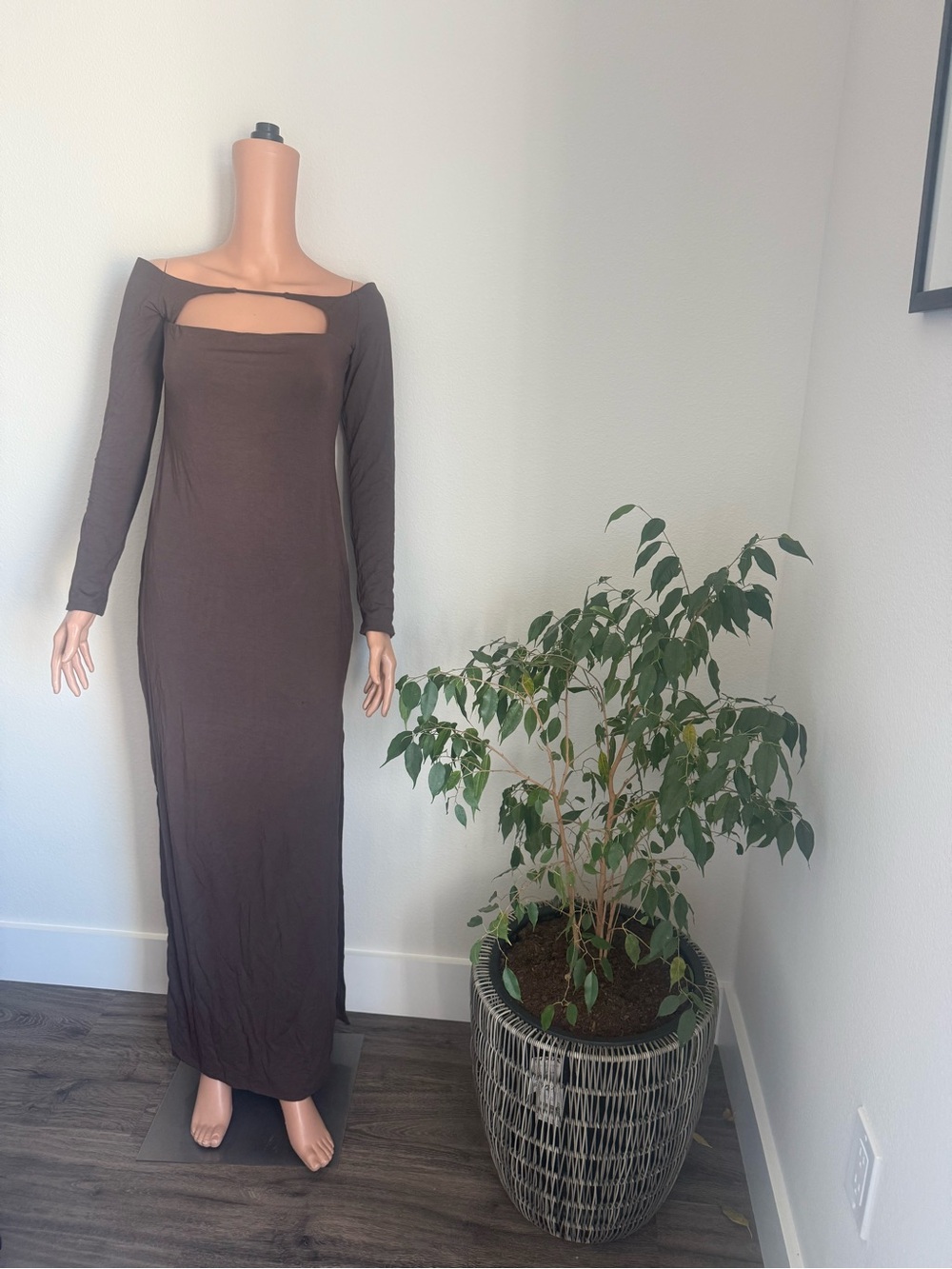 Oh Polly Long Sleeve Brown Cutout Maxi Dress